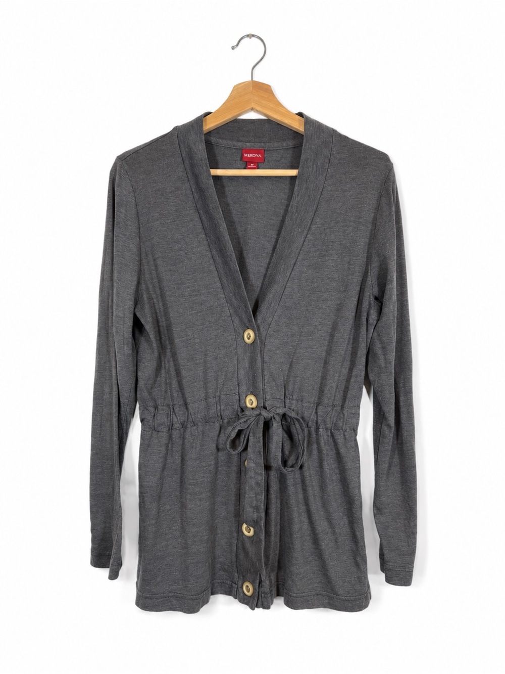 MERONA Grey Knit Tie Waist Button Front Cardigan Sweater Size M Business Casual